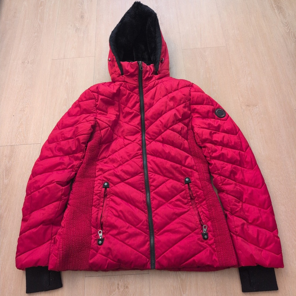 Nautica Womens Medium Red Chevron Quilted Puffer Jacket Water Resistant Hooded
